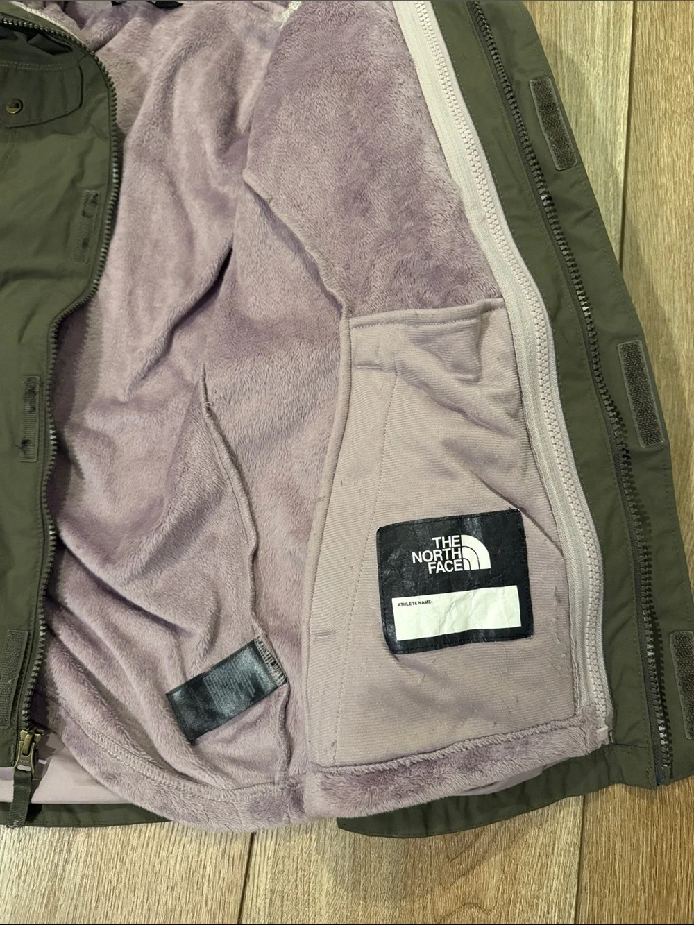 North Face Osolita Olive Green 3 in 1 Hooded Jacket with Lavender zip in Lining